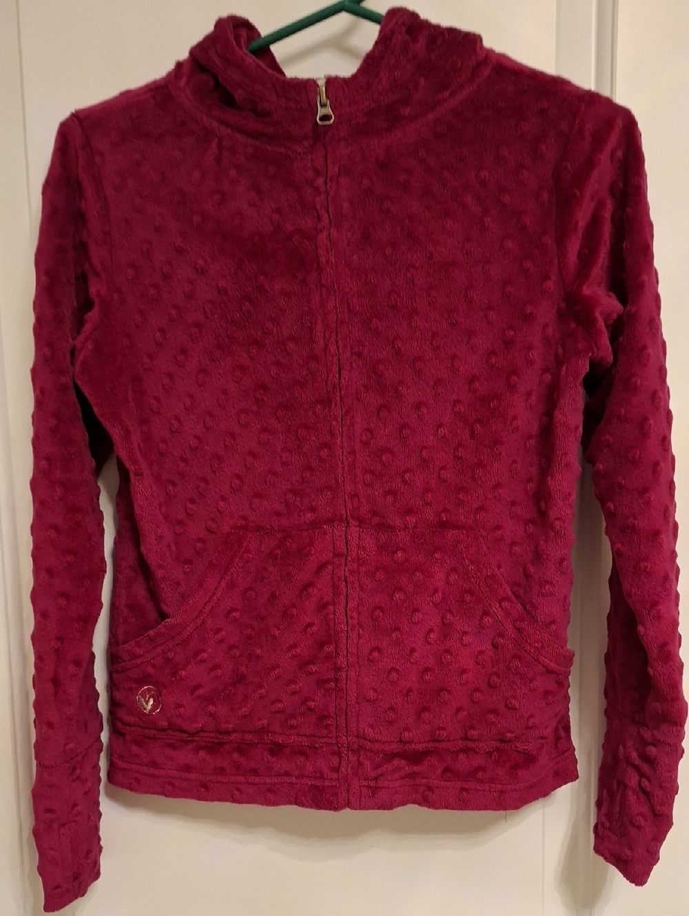 Lime Apple Minky Bubble Kids Plush Zip-Up Hoodie in Berry thumbholes size 14